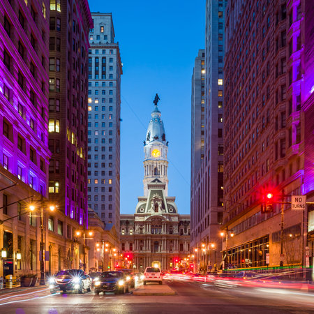 Philadelphia's landmark historic City Hall building at twilightのeditorial素材