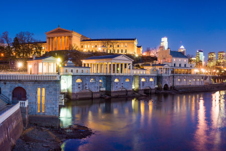 Philadelphia Art Museum and Fairmount Water Works at twilightのeditorial素材