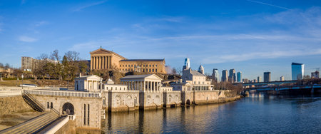 Philadelphia Art Museum and Fairmount Water Works with blue skyのeditorial素材
