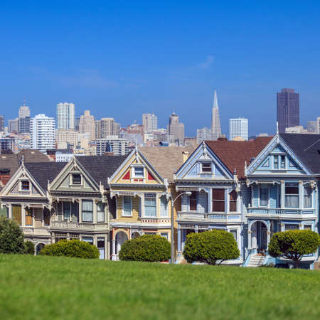 Famous view of San Francisco at Alamo Square CA, USAの写真素材