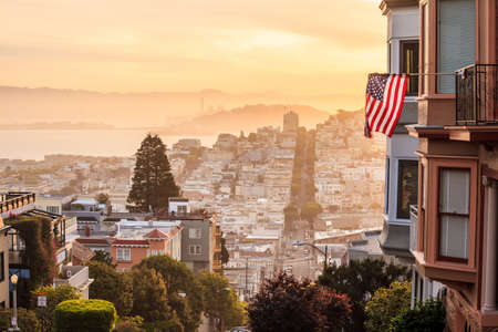 Famous Lombard Street in San Francisco at sunriseの写真素材