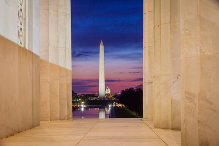 Sunrise from Lincoln Memorial with Washington Monument and the U.S. Capitol Buildingのeditorial素材