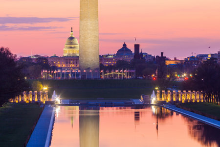 Sunrise from Lincoln Memorial with Washington Monument and the U.S. Capitol Buildingのeditorial素材