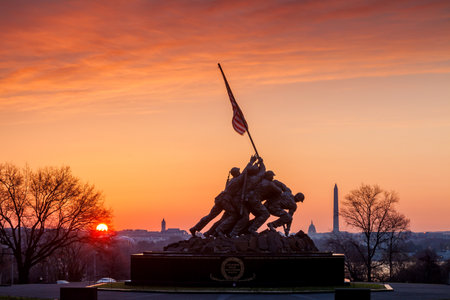 Iwo Jima Memorial(Marine Corps War Memorial) Washington DC USA at sunriseのeditorial素材