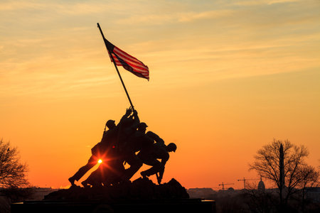 Iwo Jima Memorial(Marine Corps War Memorial) Washington DC USA at sunriseのeditorial素材