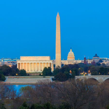 Washington DC skyline including Lincoln Memorial, Washington Monument and United States Capitol building at twilightのeditorial素材