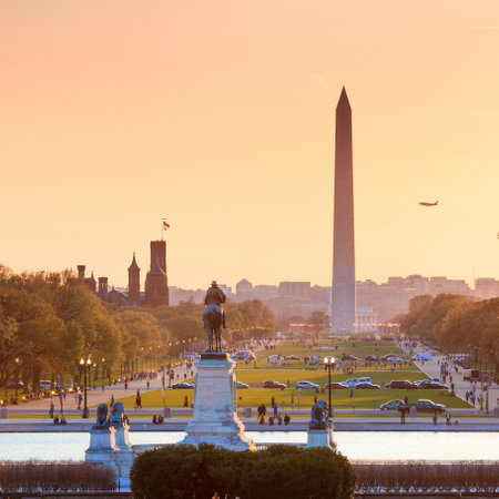Washington DC city view at a orange sunset, including Washington Monument from Capitol buildingのeditorial素材