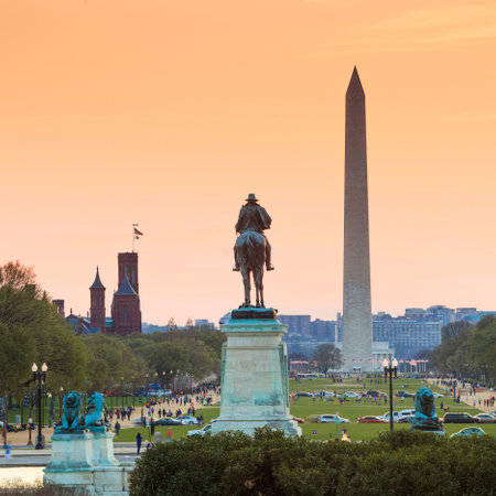Washington DC city view at a orange sunset, including Washington Monument from Capitol buildingのeditorial素材