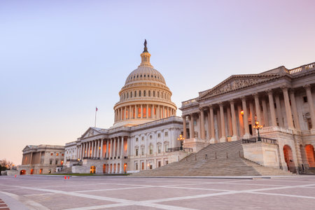 The United States Capitol building with the dome lit up at night. のeditorial素材