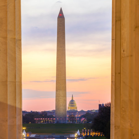 Sunrise from Lincoln Memorial with Washington Monument and the U.S. Capitol Building