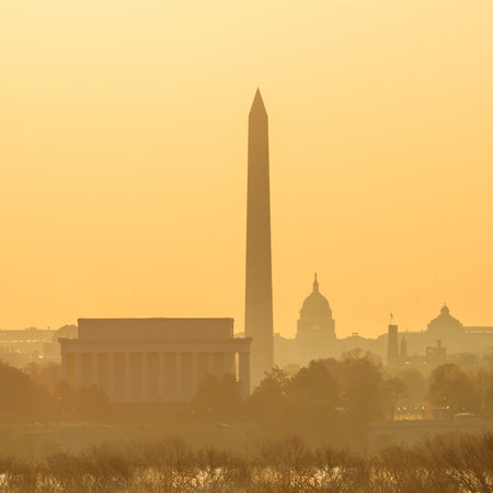 Washington DC skyline at sunrise including Lincoln Memorial, Washington Monument and United States Capitol buildingのeditorial素材