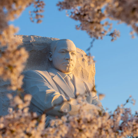 WASHINGTON DC - APRIL 10: The monument to Dr Martin Luther King in Washington DC surrounded by cherry blossoms on April 10, 2014. The memorial opened to the public on August 22, 2011.のeditorial素材