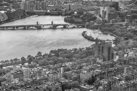 An aerial view of Boston cityscape in black and whiteの写真素材