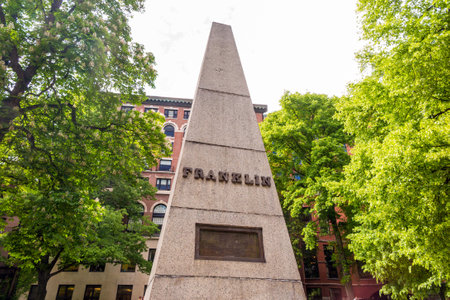 BOSTON - MAY 30: Boston's Freedom trail with Granary Burying Ground on May 30, 2014. The Freedom Trail is a 2.5-mile-long red (mostly brick) path through downtown Boston.のeditorial素材