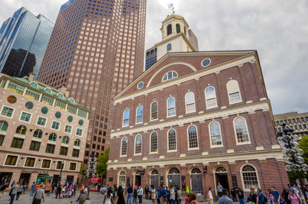 BOSTON, MA - MAY 20: A crowd of tourists and locals at Faneuil Hall, rated number 4 in America's 25 Most Visited Tourist Sites by Forbes Traveler in 2008. As seen on May 20, 2014 in Boston, MA - USA.のeditorial素材