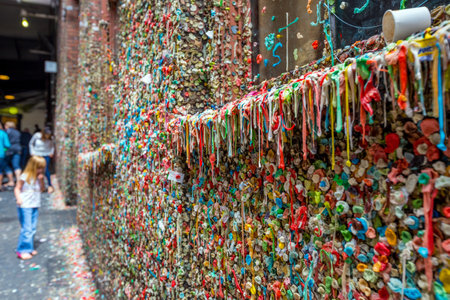 SEATTLE- JULY 5 : The Market Theater Gum Wall in downtown Seattle on July 5, 2014. It is a local landmark in downtown Seattle, in Post Alley under Pike Place Market. のeditorial素材