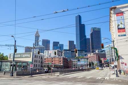SEATTLE - JULY 5: Downtown Seattle on July 5, 2014. In 1989, building heights in Downtown and adjoining Seattle suburbs were tightly restricted following a voter initiative.のeditorial素材