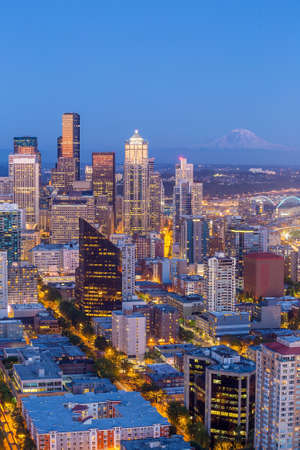Seattle skyline panorama at sunset as seen from Space Needle Tower, Seattle, WA