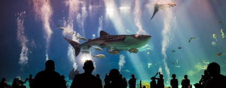 whale sharks and many kinds of fish swimming in aquarium with people observingのeditorial素材