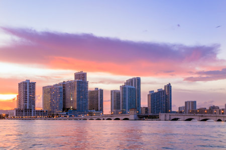 Miami city skyline panorama at twilight with urban skyscrapers and bridgeのeditorial素材