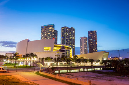 MIAMI, FL - August 7: American Airlines Arena at night on August 7, 2014 in Miami, Florida. It is home to the Miami Heat with 2105 seats and has the Florida's largest theater The Waterfront Theater.のeditorial素材