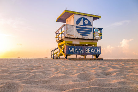 Colorful Lifeguard Tower in South Beach, Miami Beach, Floridaのeditorial素材