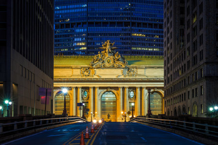 Facade of Grand Central Terminal at twilight in New York, USAのeditorial素材