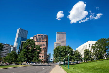 Denver city downtown skyline with blue skyのeditorial素材