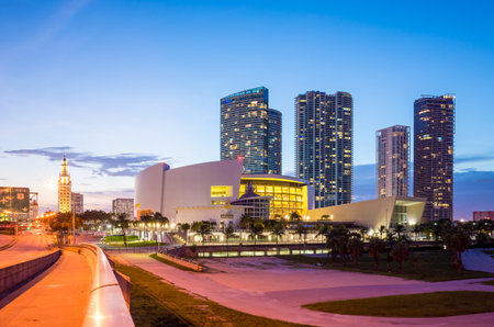 MIAMI, FL - August 7: American Airlines Arena at night on August 7, 2014 in Miami, Florida. It is home to the Miami Heat with 2105 seats and has the Florida's largest theater The Waterfront Theater.のeditorial素材