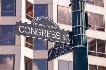 Sign at the intersection of West 10th Street and Congress Avenue in the Congress Avenue historic district Austin, Texasの写真素材