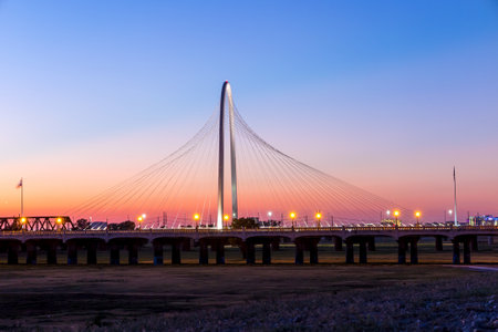 DALLAS, USA - SEPTEMBER 23: Margaret Hunt Hill bridge by night on September 23, 2014 in Dallas, USA. Margaret Hunt Hill Bridge is a Santiago Calatrava-designed bridge built over the Trinity River.のeditorial素材