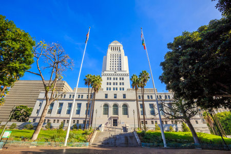 Historic Los Angeles City Hall with blue sky, CA USAのeditorial素材