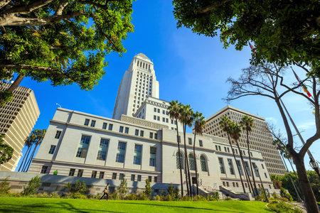 Historic Los Angeles City Hall with blue sky, CA USAのeditorial素材