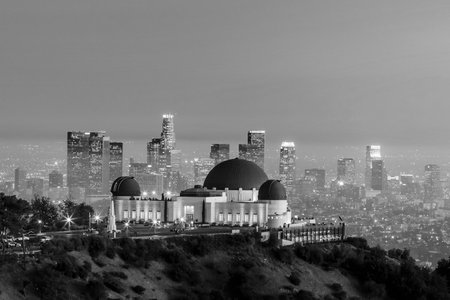 The Griffith Observatory and Los Angeles city skyline at twilight black and whiteのeditorial素材