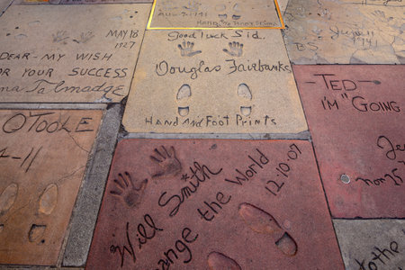LOS ANGELES - OCTOBER 25: Super star's handprints in Hollywood Boulevard on October 25, 2014 in Hollywood. There are nearly 200 celebrity handprints in the concrete of Chinese Theatre's forecourt.のeditorial素材