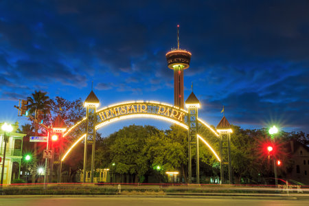SAN ANTONIO, TEXAS, USA - SEP 20: Tower of Americas at night in San Antonio, Texas on September 20, 2014 The Tower of the Americas is a 750-foot observation tower/restaurant located at HemisFair Parkのeditorial素材