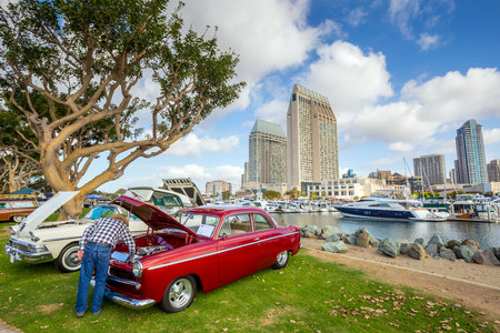 SAN DIEGO, USA - SEPTEMBER 28, 2014: Outdoor Exhibition of  retro cars at Embarcadero Marina Park North, San Diego on September 28, 2014のeditorial素材