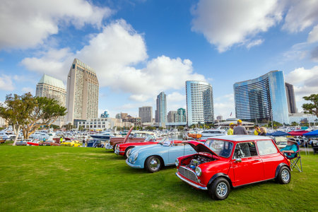 SAN DIEGO, USA - SEPTEMBER 28, 2014: Outdoor Exhibition of  retro cars at Embarcadero Marina Park North, San Diego on September 28, 2014のeditorial素材