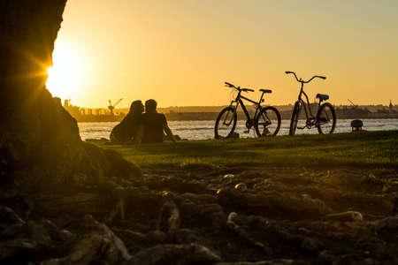 Sunset at San Diego Waterfront Public Park, Marina and the San Diego Skyline. California, United States.の写真素材