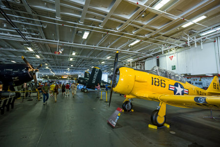 SAN DIEGO-SEP 28, 2014:The historic aircraft carrier, USS Midway now a museum docked in Downtown San Diego, on September 28, 2014のeditorial素材