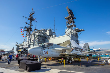 SAN DIEGO-SEP 28, 2014:The historic aircraft carrier, USS Midway now a museum docked in Downtown San Diego, on September 28, 2014のeditorial素材