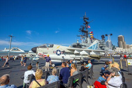 SAN DIEGO-SEP 28, 2014:The historic aircraft carrier, USS Midway now a museum docked in Downtown San Diego, on September 28, 2014のeditorial素材