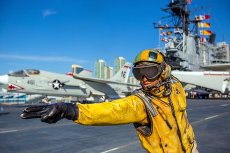 SAN DIEGO-SEP 28, 2014:The historic aircraft carrier, USS Midway now a museum docked in Downtown San Diego, on September 28, 2014のeditorial素材