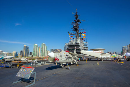 SAN DIEGO-SEP 28, 2014:The historic aircraft carrier, USS Midway now a museum docked in Downtown San Diego, on September 28, 2014のeditorial素材