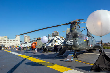 SAN DIEGO-SEP 28, 2014:The historic aircraft carrier, USS Midway now a museum docked in Downtown San Diego, on September 28, 2014のeditorial素材