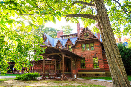 Hartford, CT- OCTOBER 15: The Mark Twain House and Museum on October 15, 2014. It was the home of Samuel Langhorne Clemens (a.k.a. Mark Twain) from 1874 to 1891 in Hartford, Connecticut.のeditorial素材
