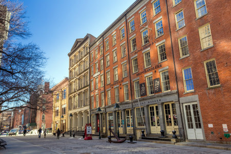 NEW YORK CITY - FEB 11: The historic South Street Seaport Museum once served as an important hub for maritime vessels, and is now a National Historic District in New York, New York on February 11, 2015.のeditorial素材