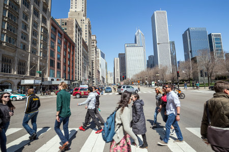 CHICAGO - April 10: Downtown Chicago on April 10, 2015 in Chicago, IL. Chicago  is the third most populous city in the United States, after New York City and Los Angeles.のeditorial素材