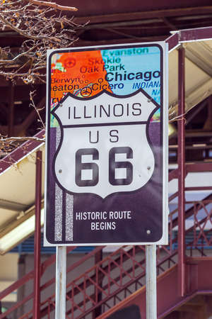 Route 66 sign, the beginning of historic Route 66, leading through Chicago, Illinois.の写真素材