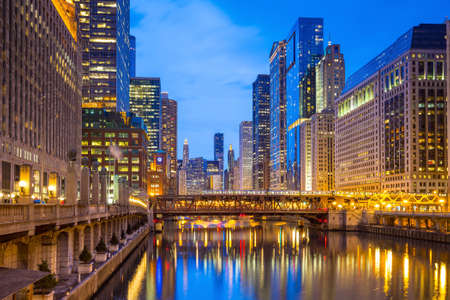Chicago downtown and Chicago River at night.の写真素材